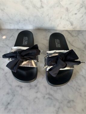 Cesare Paciotti Black Footbed with Silver Metallic Strap Slide